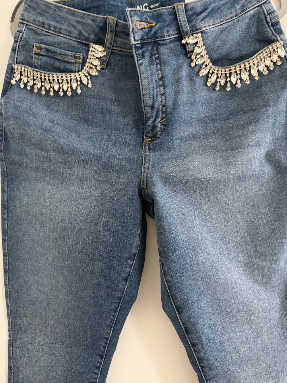 INC International Concepts Blue Skinny Jeans with Crystal Fringe